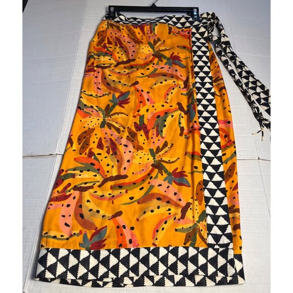 Farm Rio Contrast Wrap Midi Skirt Anthropologie Vibrant Banana Print XS beaded - Picture 5 of 16